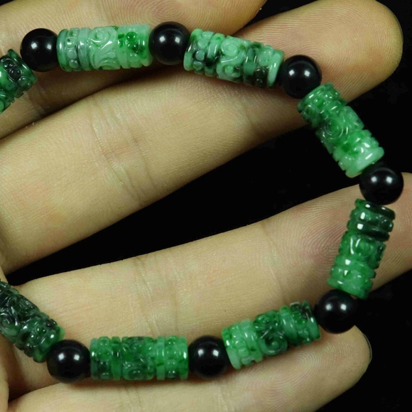 Green 100% Natural A Jade Jadeite Mantra Barrel Bead Bracelet 真言手链 - Picture 3 of 8